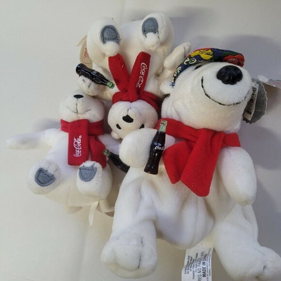 3 pc Vintage Coca Cola Papa Polar Bear Plush 6" 1998 w/ 2 Cubs Coke Bottles - Picture 12 of 12